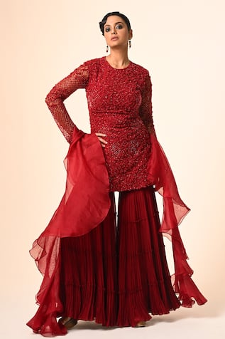 Couture By Niharika Red Embellished Kurta Sharara Set 