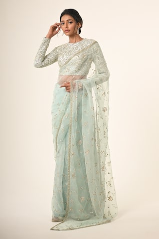 Couture By Niharika Powder Blue Designer Saree & Blouse Set 