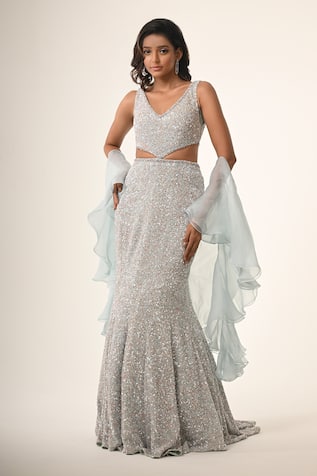 Couture By Niharika Powder Blue Designer Gown With Dupatta 