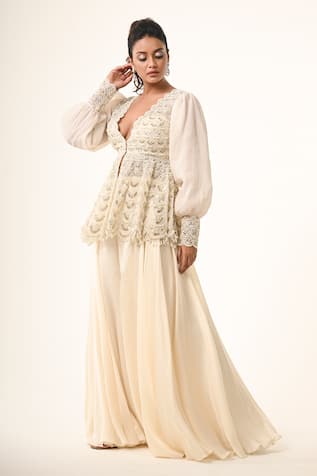 Couture By Niharika Ivory Organza Peplum Top & Pant Set 
