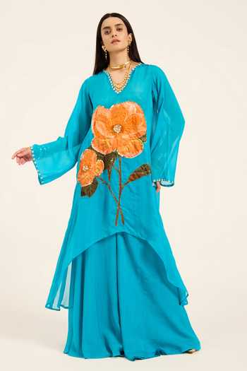 Ruhr India Phirozi Blue Hand Embroidered Kurta Set 