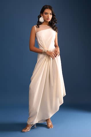 Tarun Tahiliani Placement Embroidered Draped Dress 