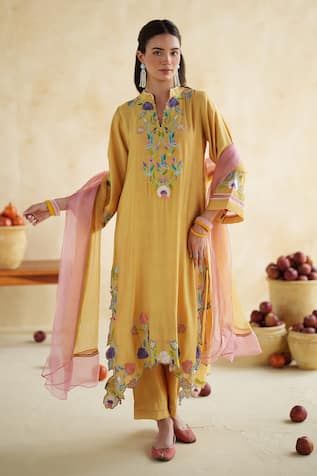 172 Threads Embroidered Mustard Kurta Palazzo Set 