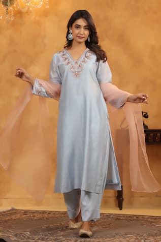 Anshu Wadhwa Aqua Blue Silk Chanderi Kurta Set 