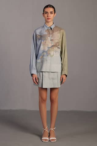 Clos Pastel Blue & Green Designer Shirt Skirt Set 