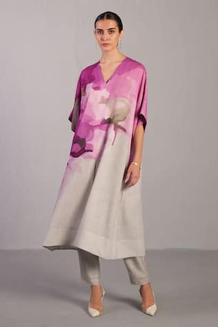 Clos Beetroot & Grey Designer Kurta Pant Set 