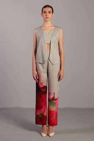 Clos Crimson Red Floral Print Jacket Set 