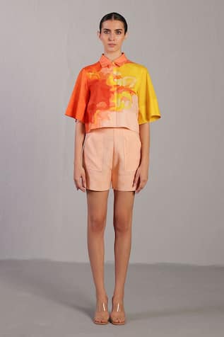 Clos Bright Orange & Yellow Crop Top & Shorts Set 
