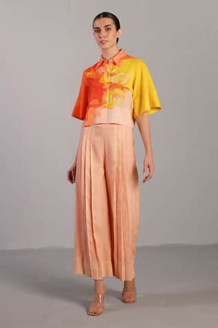 Clos Bright Orange & Yellow Crop Top Pant Set 