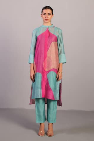 Clos Designer Pink & Blue Linen Silk Kurta Set 