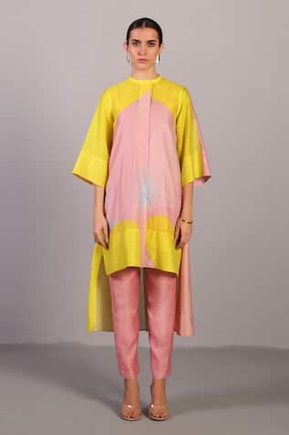 Clos Soft Pink & Bright Yellow Kurta Pant Set 