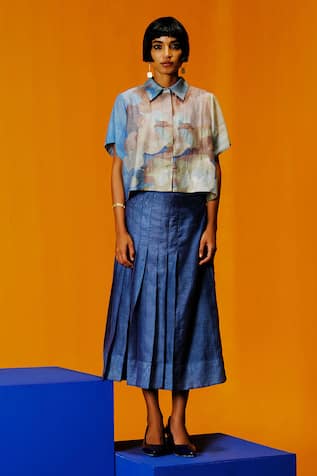 Clos Pastel Blue & Green Designer Shirt Skirt Set 