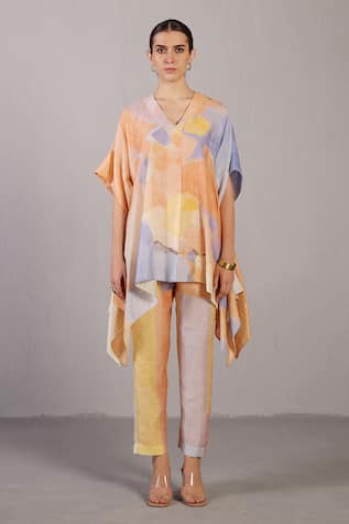 Clos Soft Blue & Orange Designer Kurta Pant Set 