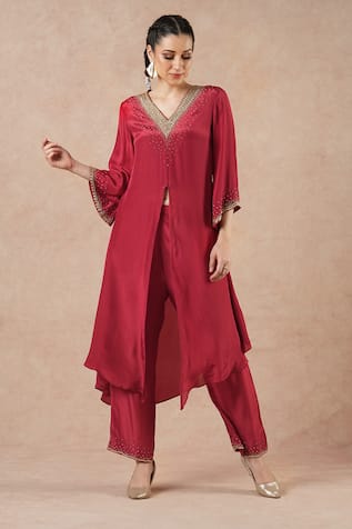 Dori & CO. Ruby Red Silk Crepe Kurta & Pants Set 
