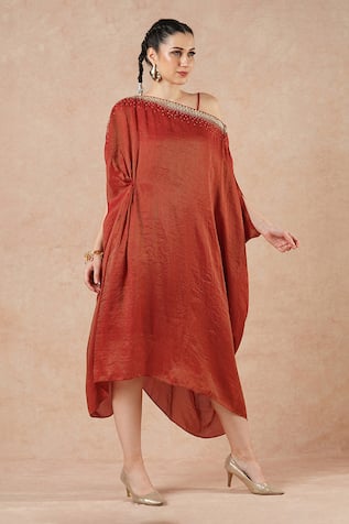 Dori & CO. Ruby Red Metal Hand Embroidered Kaftan 