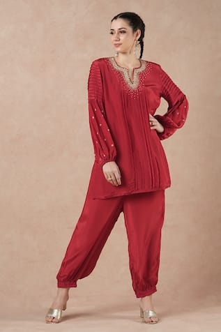 Dori & CO. Ruby Red Metal Hand Embroidered Kurta Set 