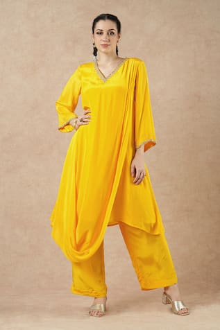 Dori & CO. Golden Yellow Silk Crepe Kurta & Pants Set 