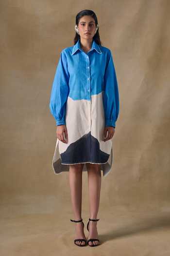 Pocketful Of Cherrie Hand Drawn Blue Washed Shirt Dress 