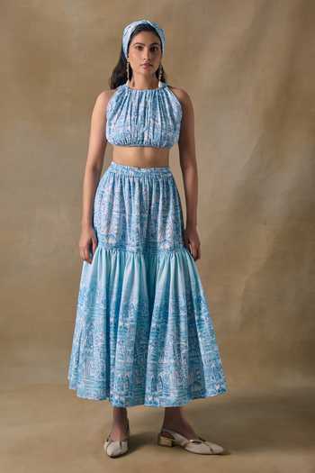 Pocketful Of Cherrie Blue Landscape Tiered Midi Skirt 