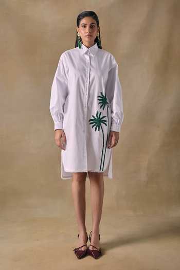 Pocketful Of Cherrie Palm Tree Embroidered Shirt Dress 