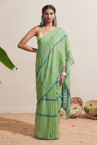 Dressfolk Green & Blue Handwoven Cotton Saree 