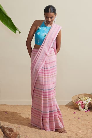 Dressfolk Pink Striped Cotton Saree 