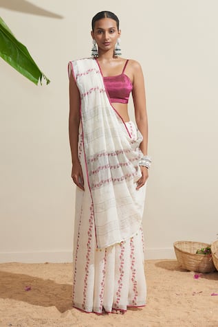Dressfolk Floral Embroidered Linen Saree Set 