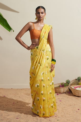 Dressfolk Floral Chanderi Yellow Saree 