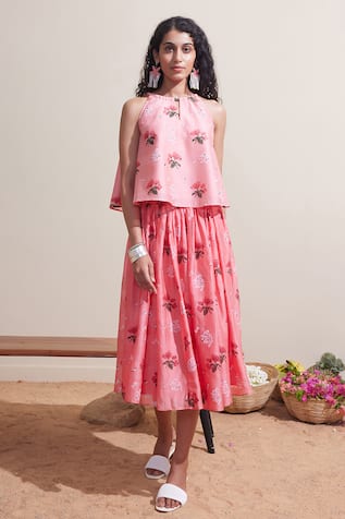 Dressfolk Floral Chanderi Top & Skirt Set 