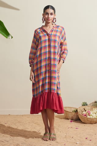 Dressfolk Multi Color Checked Dress With Inner Slip 