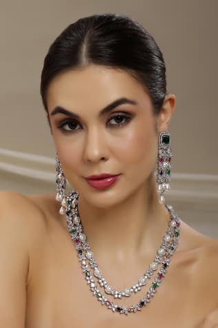 Ruby Raang Multi Stone Double Layered Necklace & Earrings 