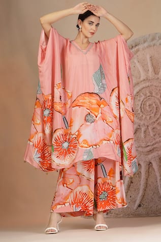 Soniya G Pastel Pink Floral Kaftan & Pant Set 