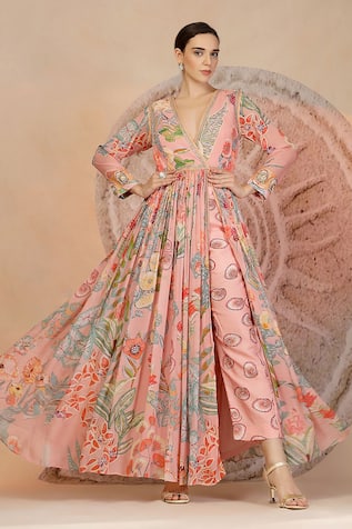 Soniya G Pastel Pink Floral Anarkali & Pant Set 
