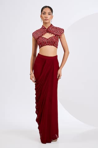 Neha Khullar Deep Red Designer Cape & Draped Skirt Set 