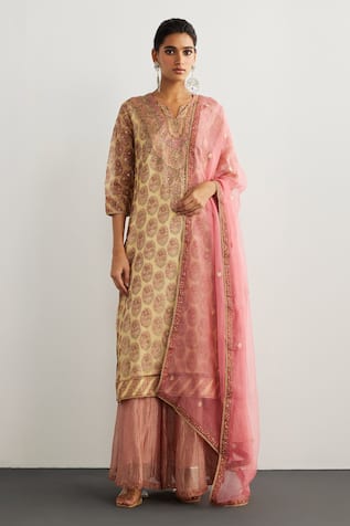 RI.Ritu Kumar Designer Off White & Pink Kurta Set 