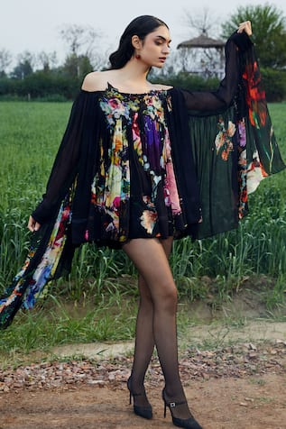 She'll Floral Print Black Chiffon Dress 