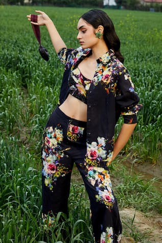 She'll Black Floral Print Shirt & Pant Set 