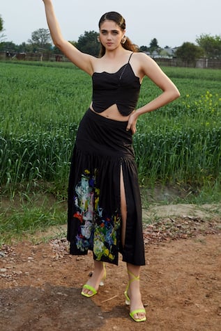 She'll Black Poplin Crop Top & Skirt Set 