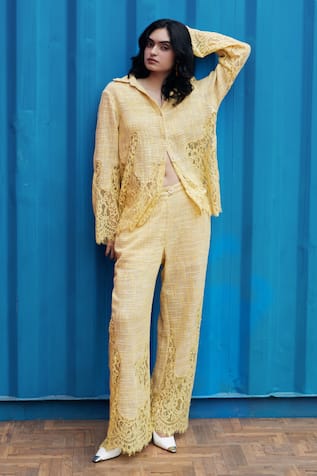 She'll Yellow Weaved Jacquard Shirt Pant Set 