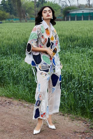 She'll Multicolor Organza Satin Shirt & Skirt Set 