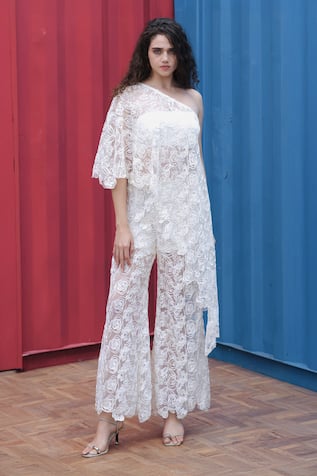 She'll Ivory Floral Lace Asymmetrical Top & Pants 