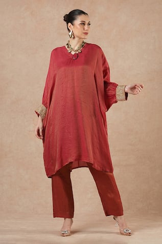Dori & CO. Ruby Red Metal Hand Embroidered Kurta Set 