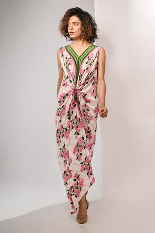 Rimi Nayak Pink Hydrangea Printed Draped Maxi Dress 