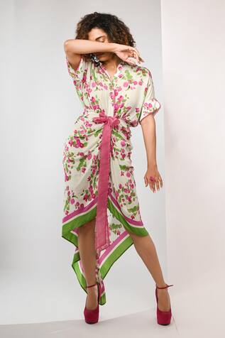 Rimi Nayak Bougainvillea Printed Draped Shirt Dress 