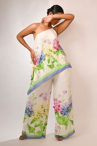 Rimi Nayak White Hydrangea Printed Trousers 