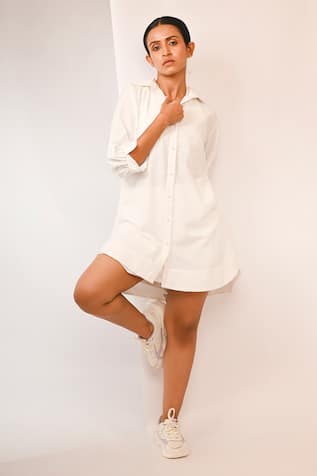 Rimi Nayak White Shirt Dress with Pearl Beads 
