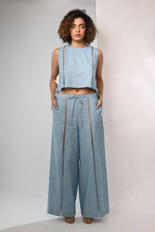 Rimi Nayak Blue Cotton Linen Crop Top 