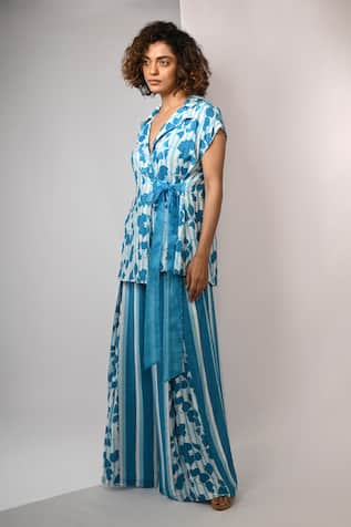 Rimi Nayak Blue Bougainvillea Printed Trousers 
