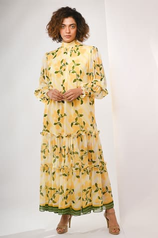 Rimi Nayak Yellow Hygrangea Printed Tier Dress 