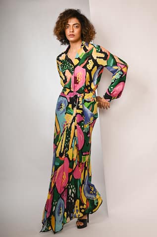 Rimi Nayak Black Multicolour Floral Printed Shirt 